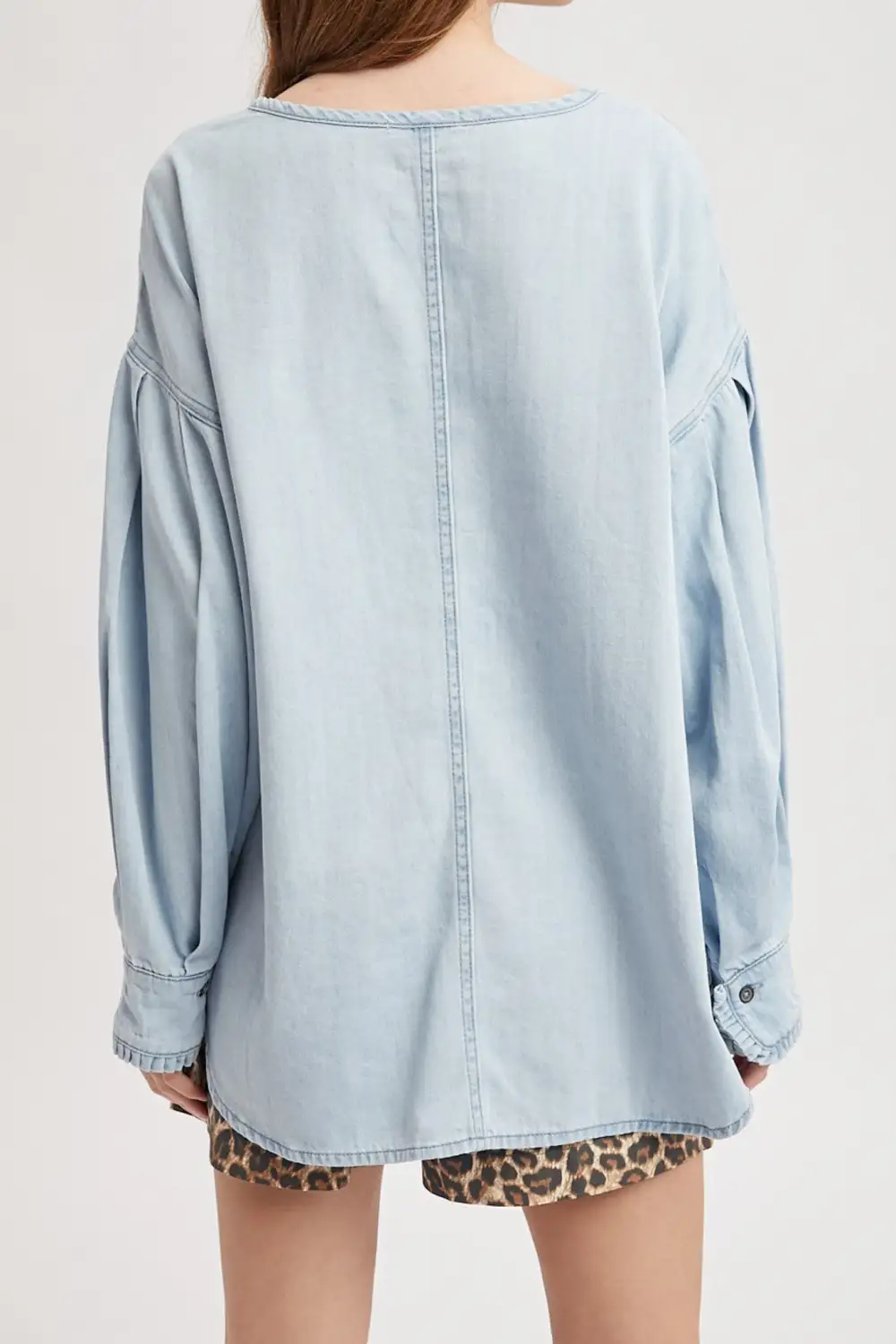 Denim Button Front Henley Ruffle Long Sleeve Top