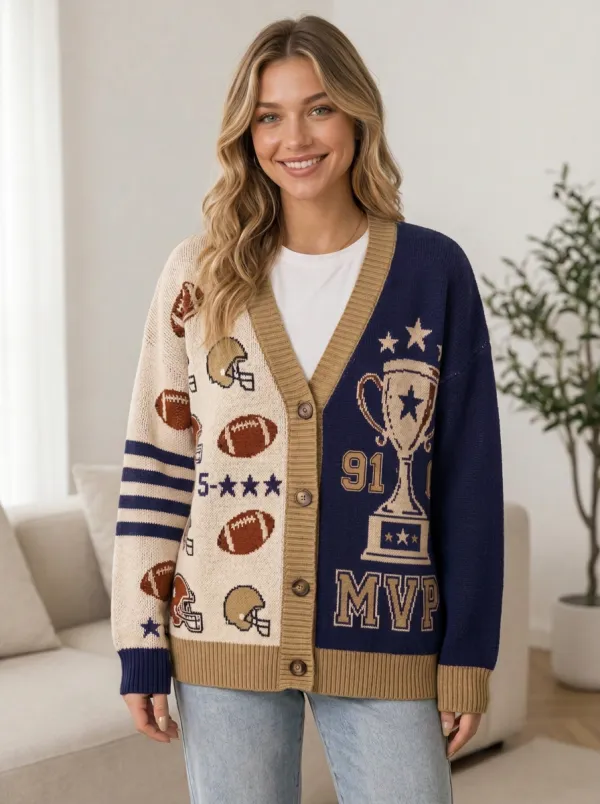 Women's Iconic Inspired Helmet Football Trophy Knitted Cardigan