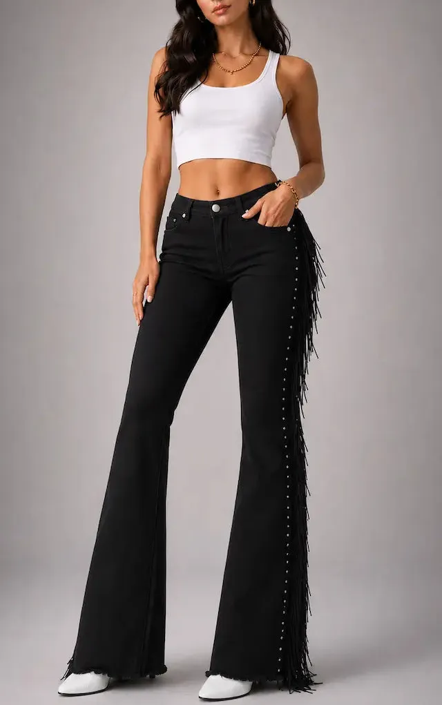 Bell Bottom Mid Rise Fringe Detail Vintage Style Cropped Denim Jeans