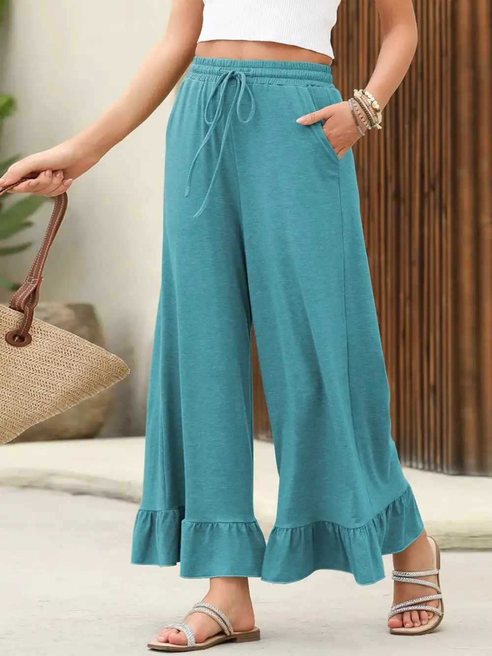 Ruffled Hem Wide Leg Pants