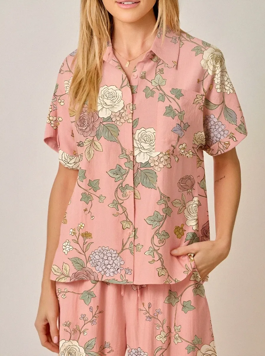 Women's Vintage Floral Botanical Printed Button-Down Shirt