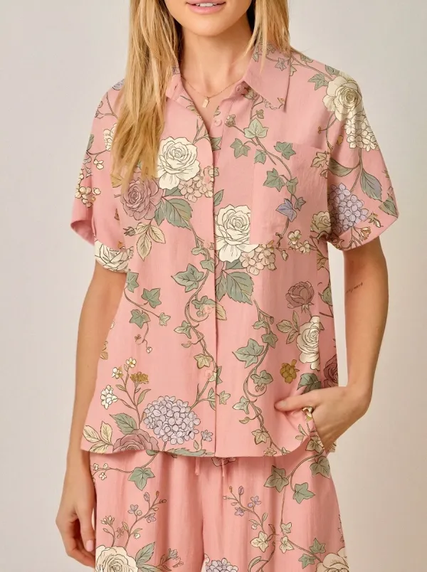 Women's Vintage Floral Botanical Printed Button-Down Shirt
