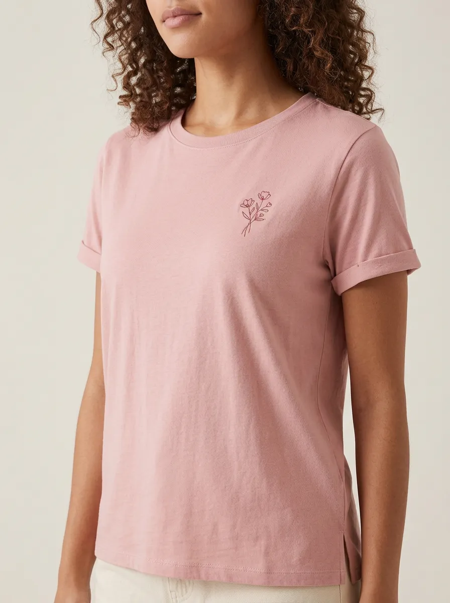 Women's Minimalist Floral Art Printed Pink T-shirt