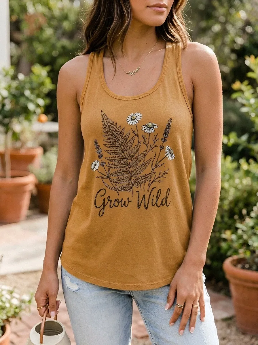 Women's Nature Lover Grow Wild Fern Daisy Printed Tank Top
