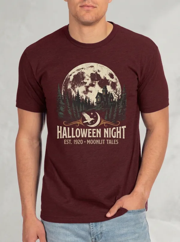 Men's Halloween Night Haunted House Raven Moon Printed T-shirt