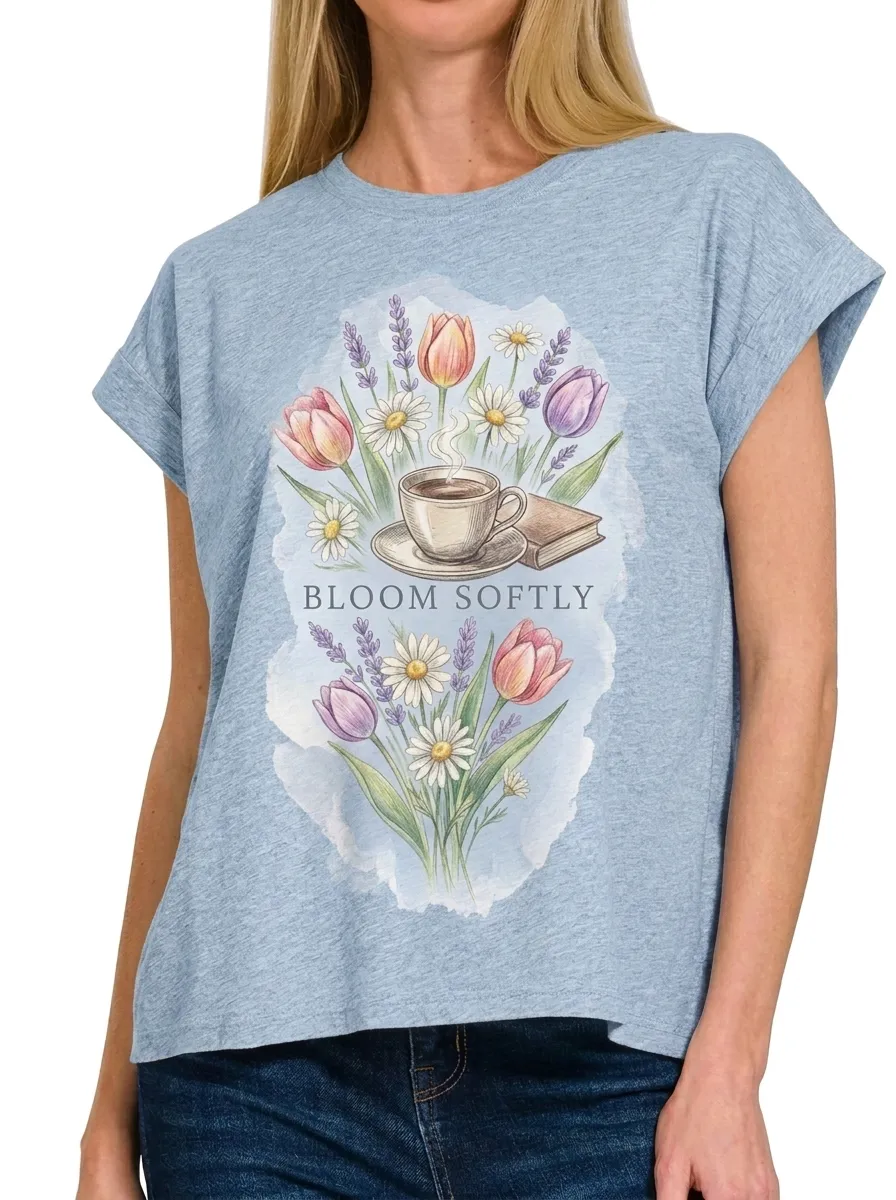 Women's Coffee Book Flower Bloom Softly Printed T-shirt