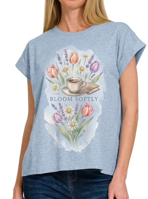 Women's Coffee Book Flower Bloom Softly Printed T-shirt