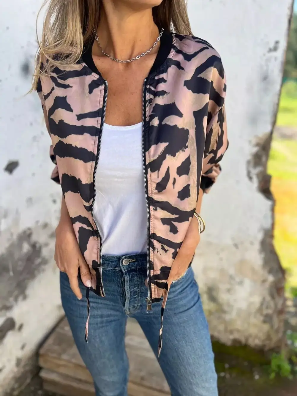 Zip Up Zebra Print Bomber Jacket