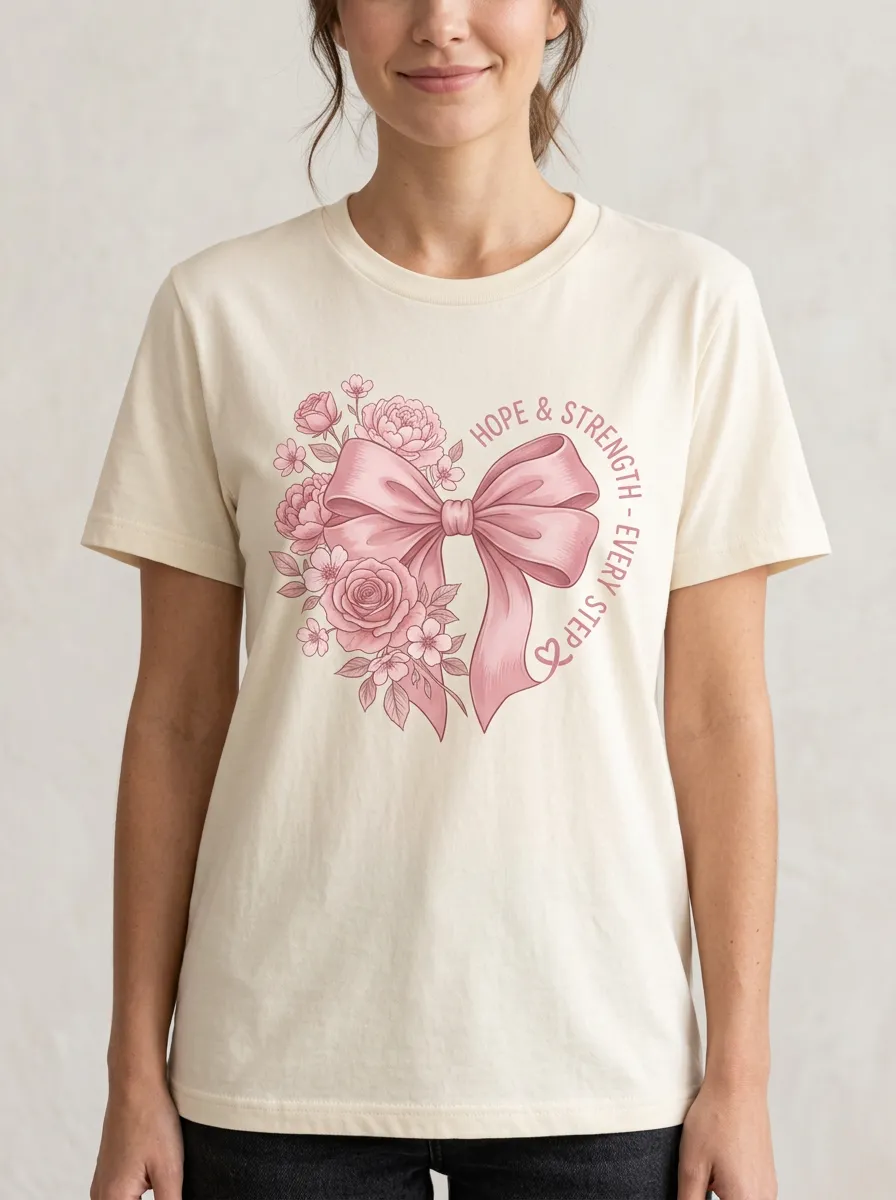 Women's Breast Cancer Awareness Pink Bow Floral Printed T-shirt