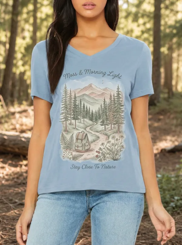 Women's Nature Lover Hiking Backpack Forest Printed V-neck T-shirt
