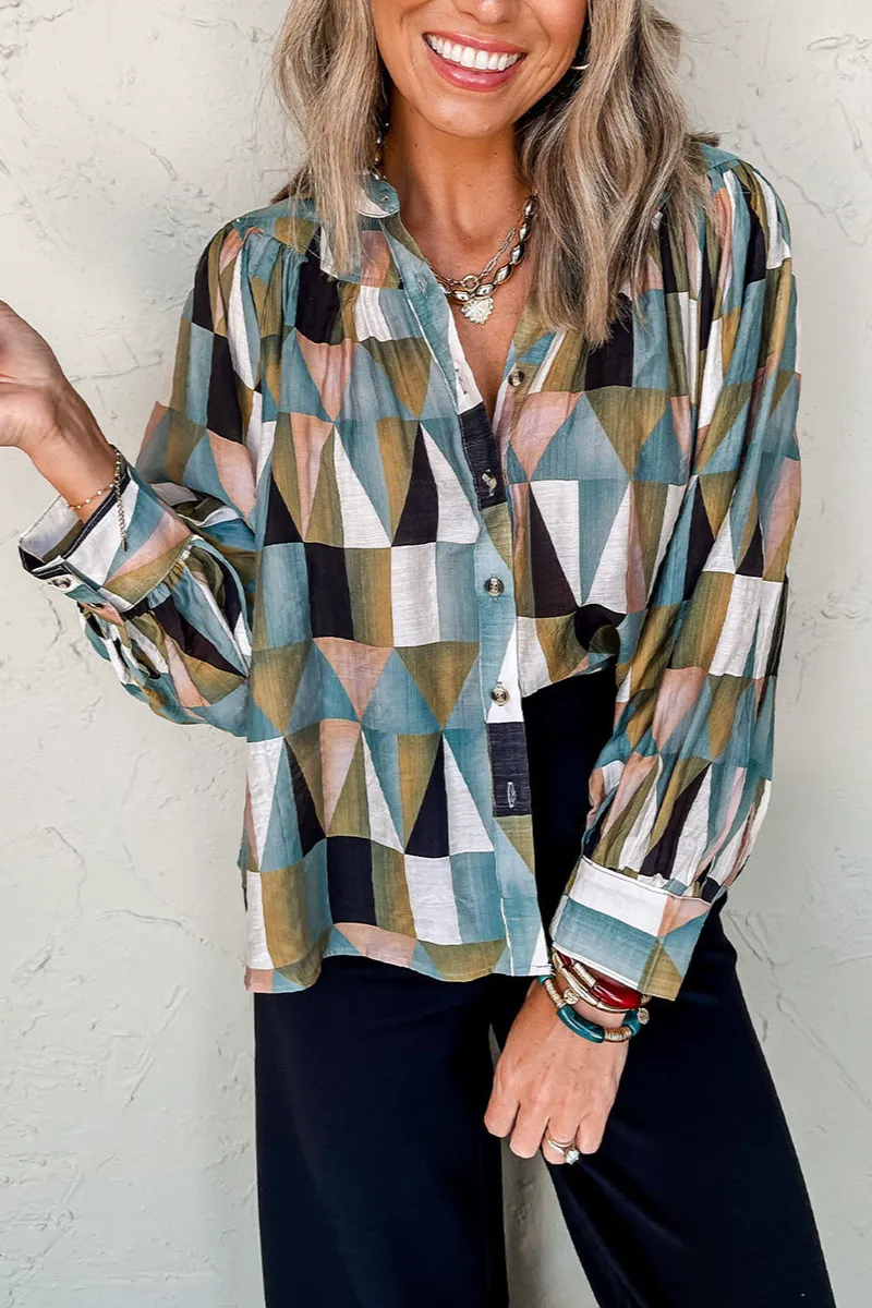 Geometric Print Plaid Relaxed Fit Shirt Blouse