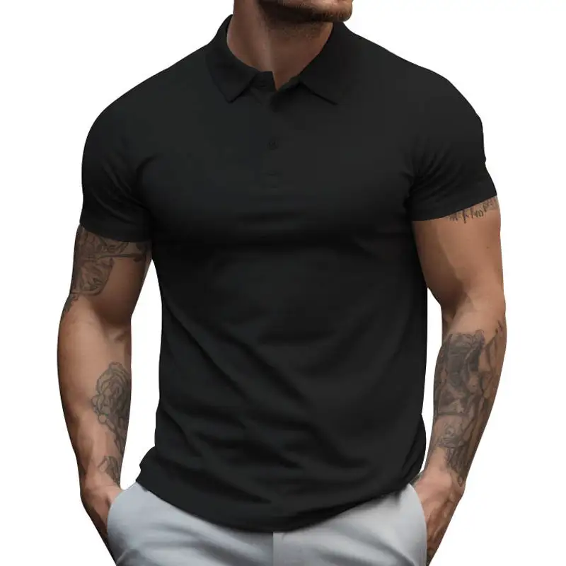 Men's Athletic Fitted Pique Polo Shirt Short-sleeved With Hidden Button Placket