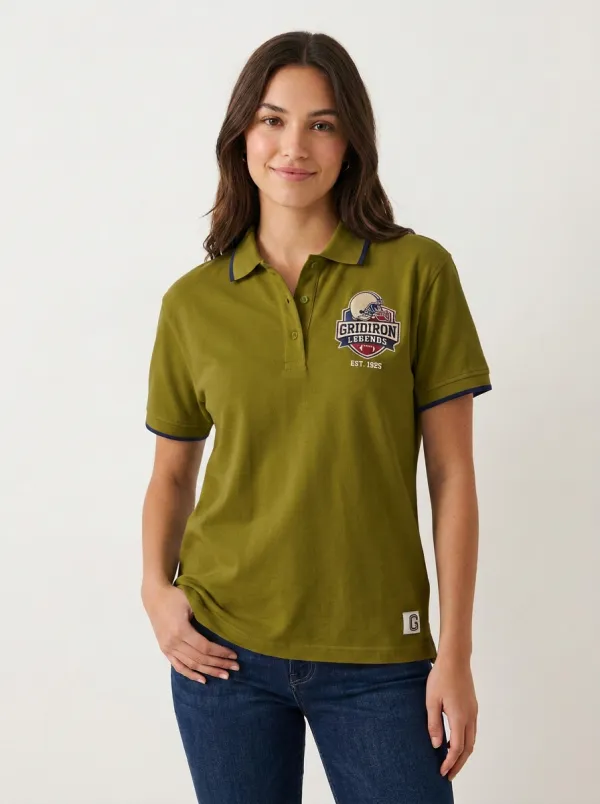 Women's Football Fan Gridiron Legends Helmet Graphic Contrast Sleeve Polo Shirt