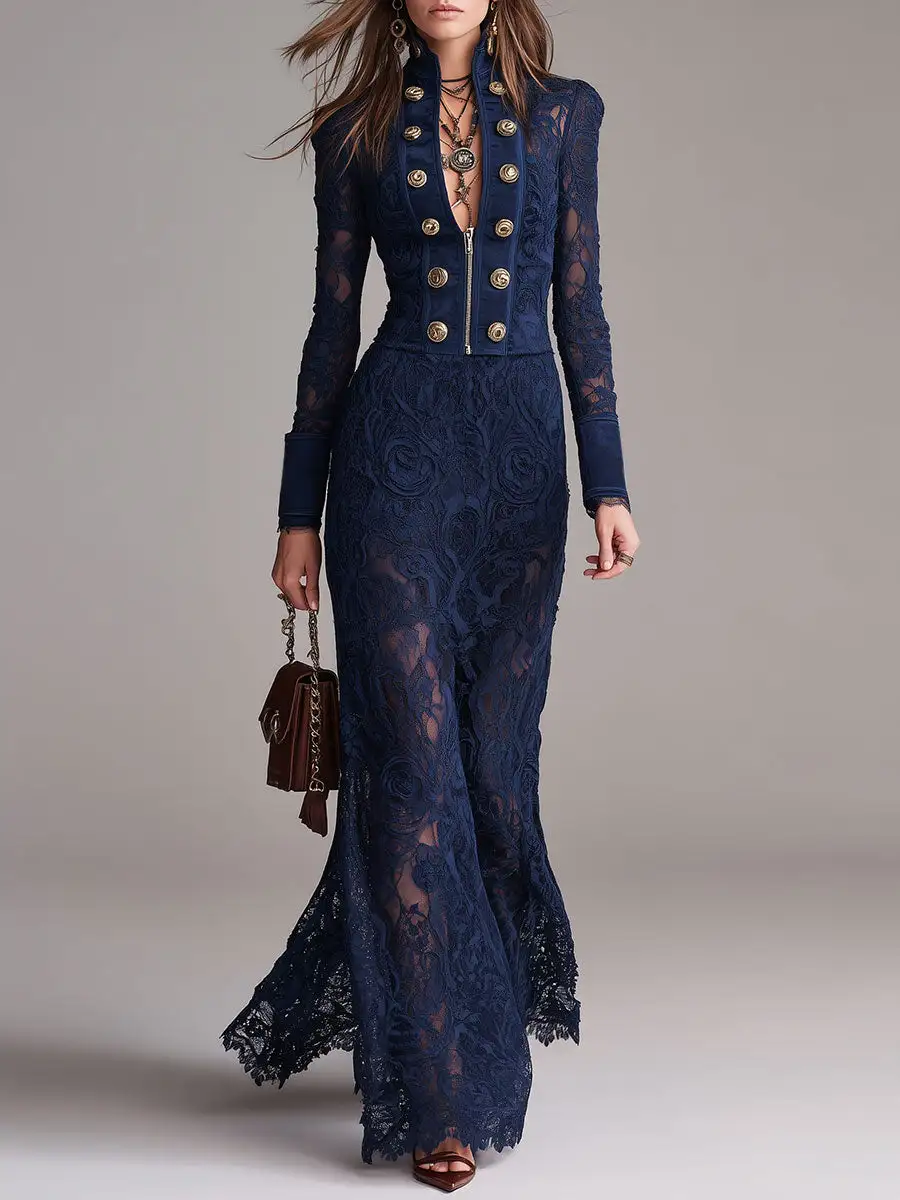 Boho Faux Suede And Lace-panel Double-breasted Maxi Dress