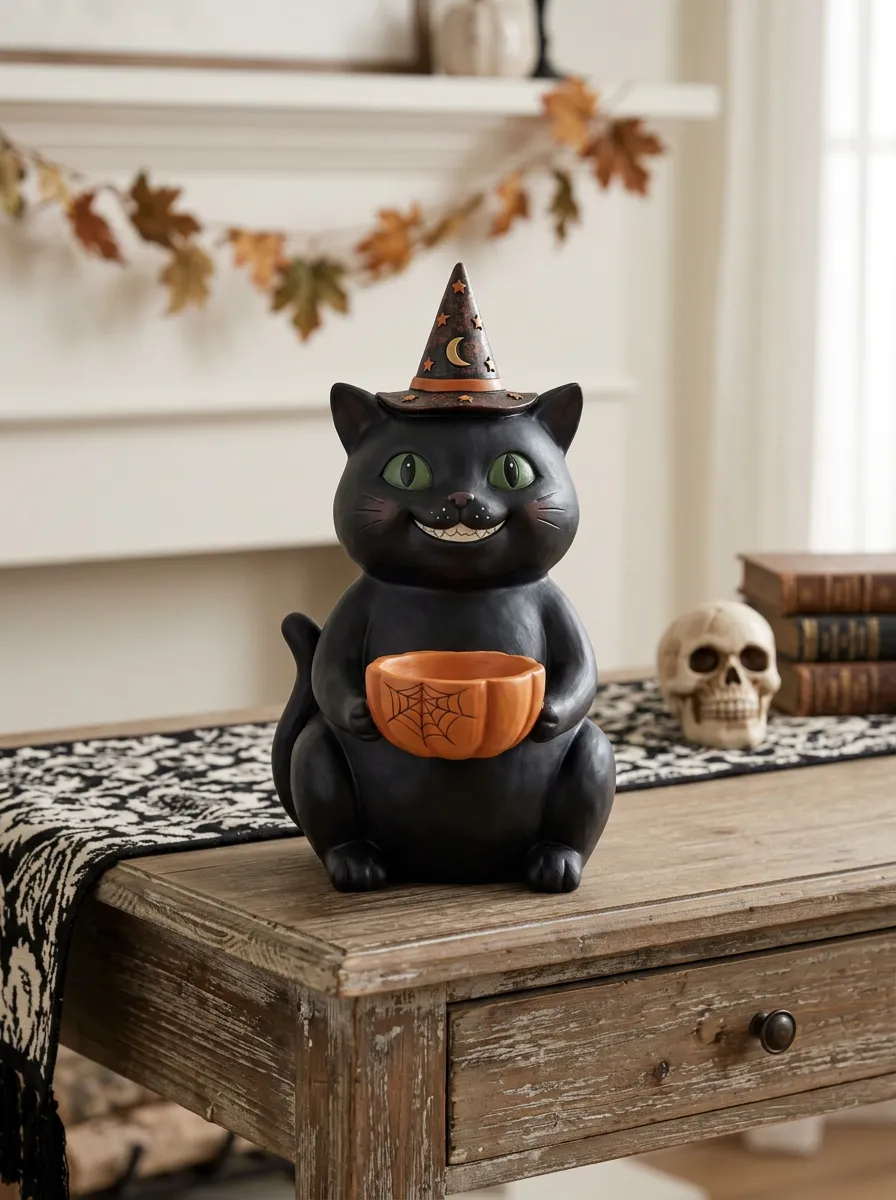 Halloween Cat Witch Hat Pumpkin Tabletop Ornament