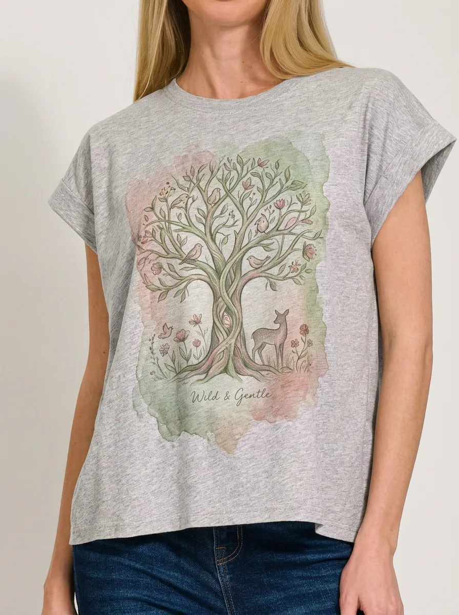 Women's Nature Lover Deer Tree Watercolor Printed T-shirt