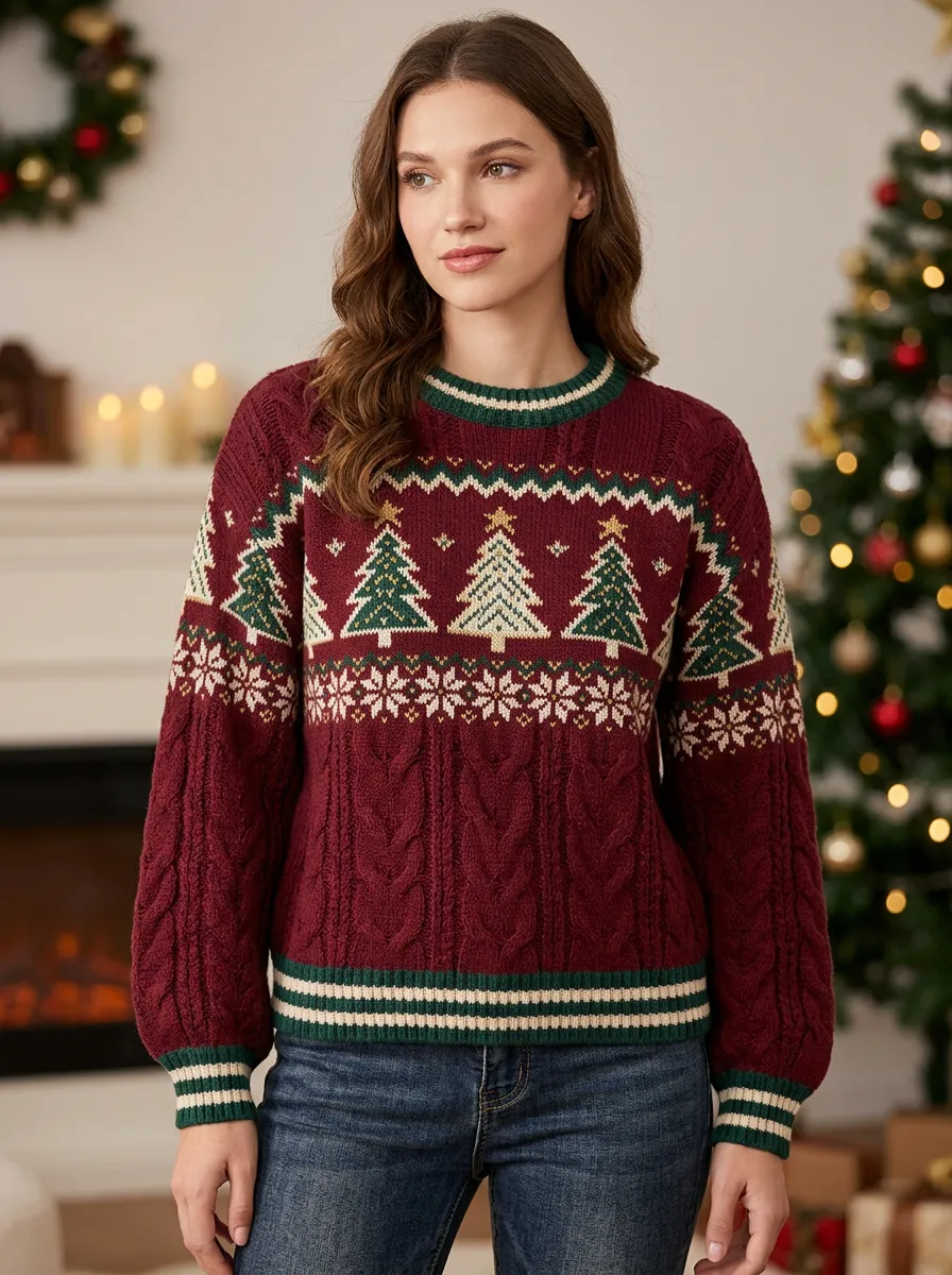 Festive Christmas Holiday Tree Snowflake Pattern Knitted Sweater
