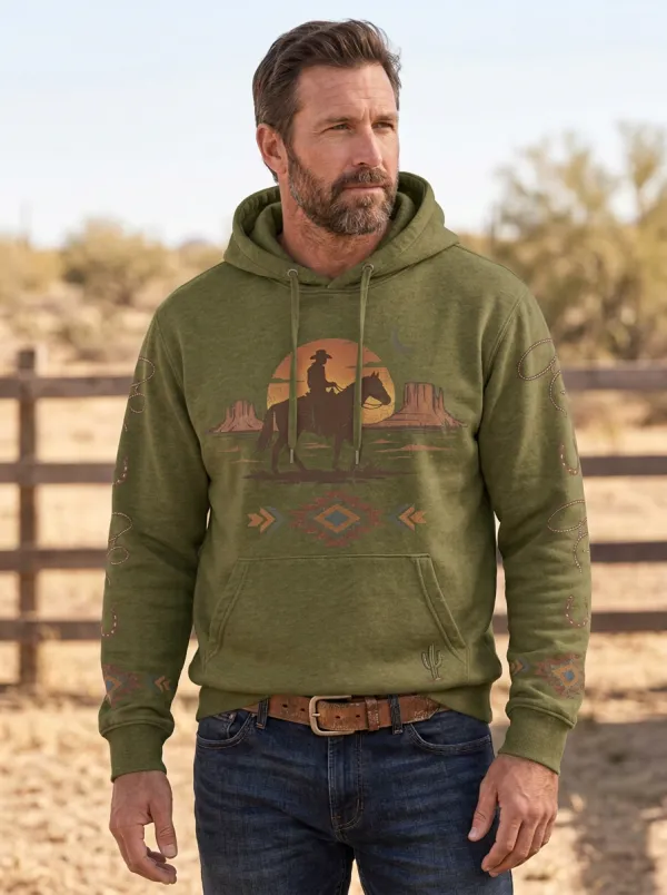 Men's Ranch Inspired Western Cowboy Desert Sunset Sun Graphic Hoodie