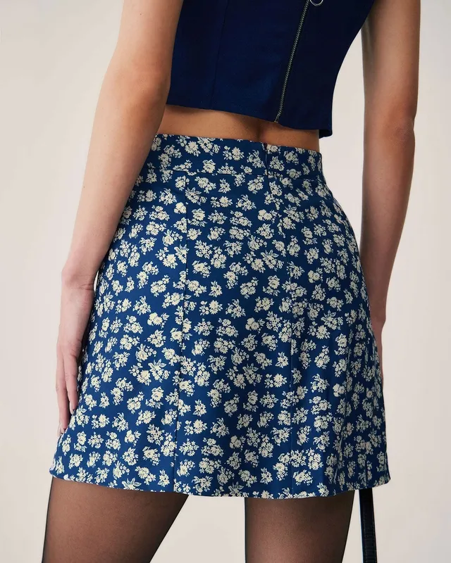 Navy Floral A Line Mini Skirt
