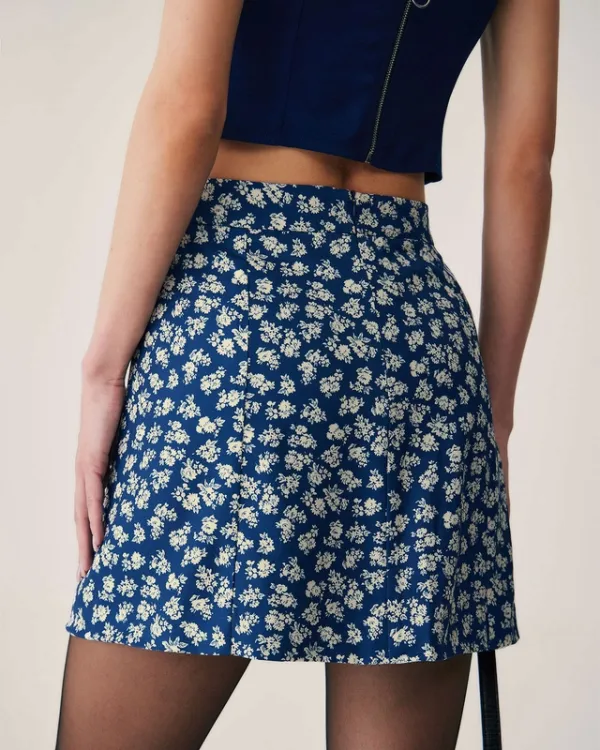 Navy Floral A Line Mini Skirt