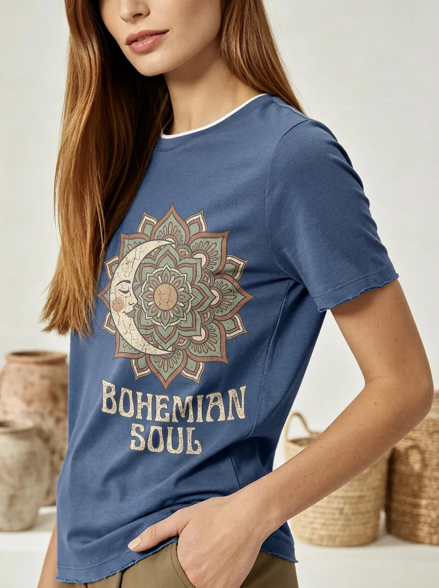 Women's Bohemian Soul Moon Mandala Printed T-shirt