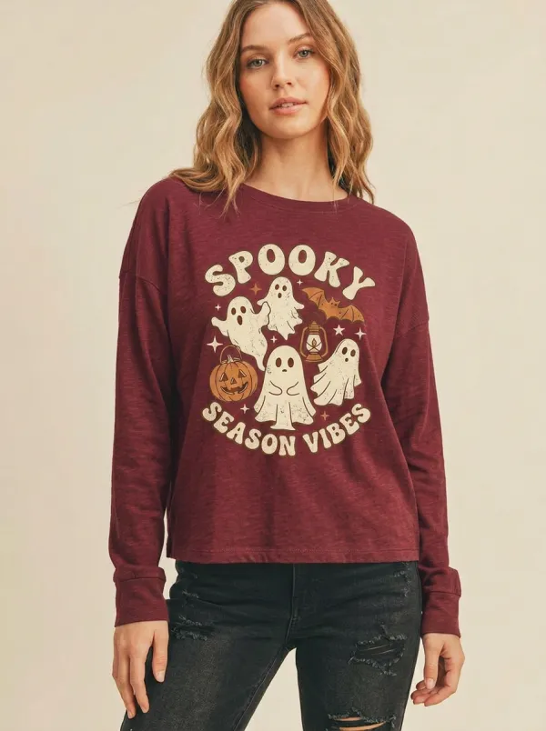 Women's Halloween Spooky Season Ghost Pumpkin Printed Long Sleeve Top