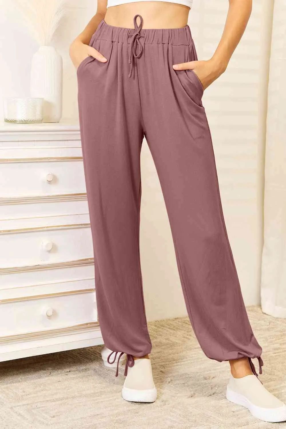 Full Size Soft Rayon Drawstring Waist Pants With Pocket