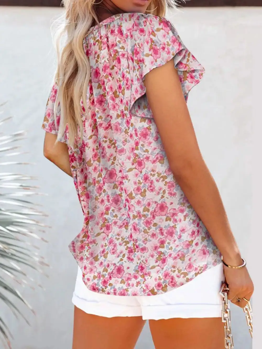 Floral Print Flutter Sleeve V Neck Blouse
