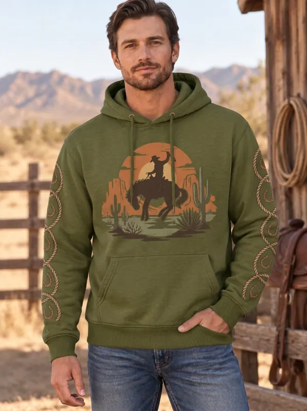 Men's Western Cowboy Rodeo Cactus Sunset Sun Graphic Hoodie