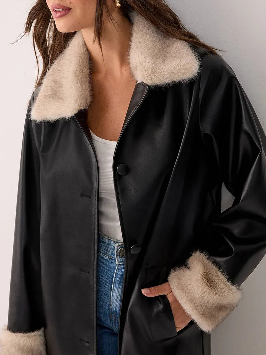 Women's Vintage-Style Faux Fur Collar Leather Long Jacket