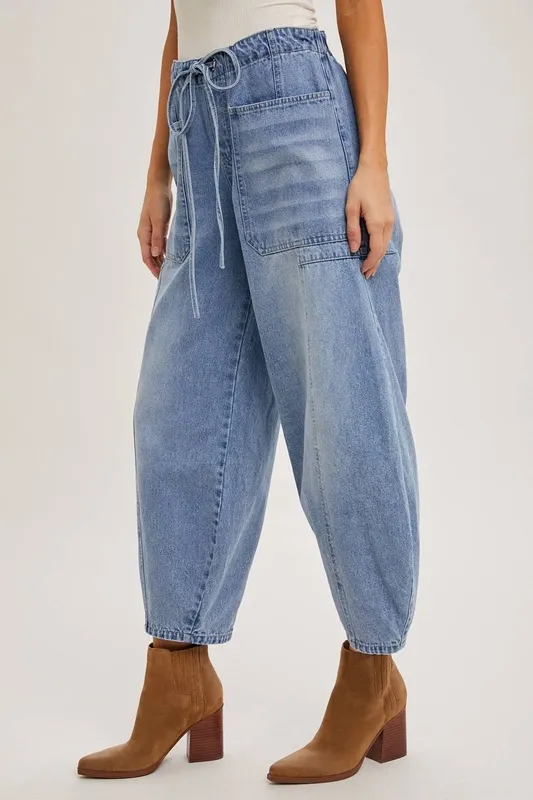Blue Drawstring Barrel Jeans