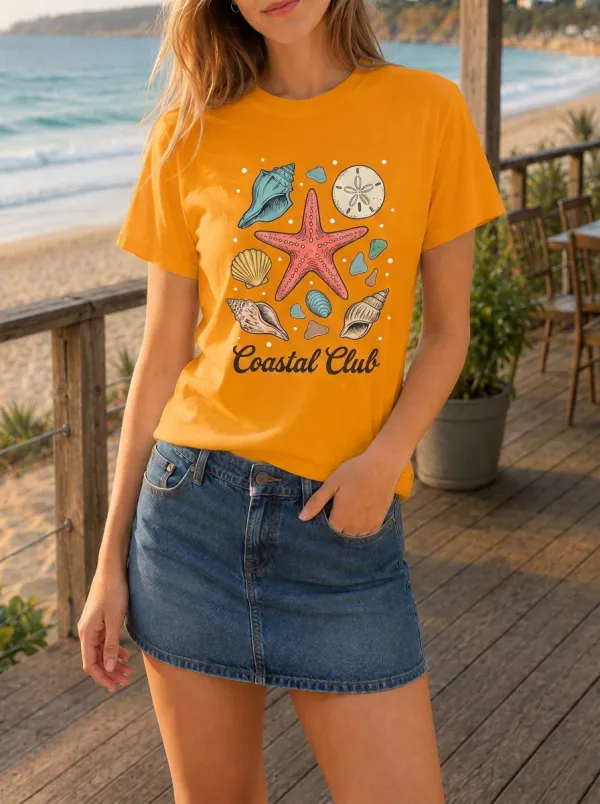 Women's Coastal Club Beach Lover Seashell Starfish Printed T-shirt