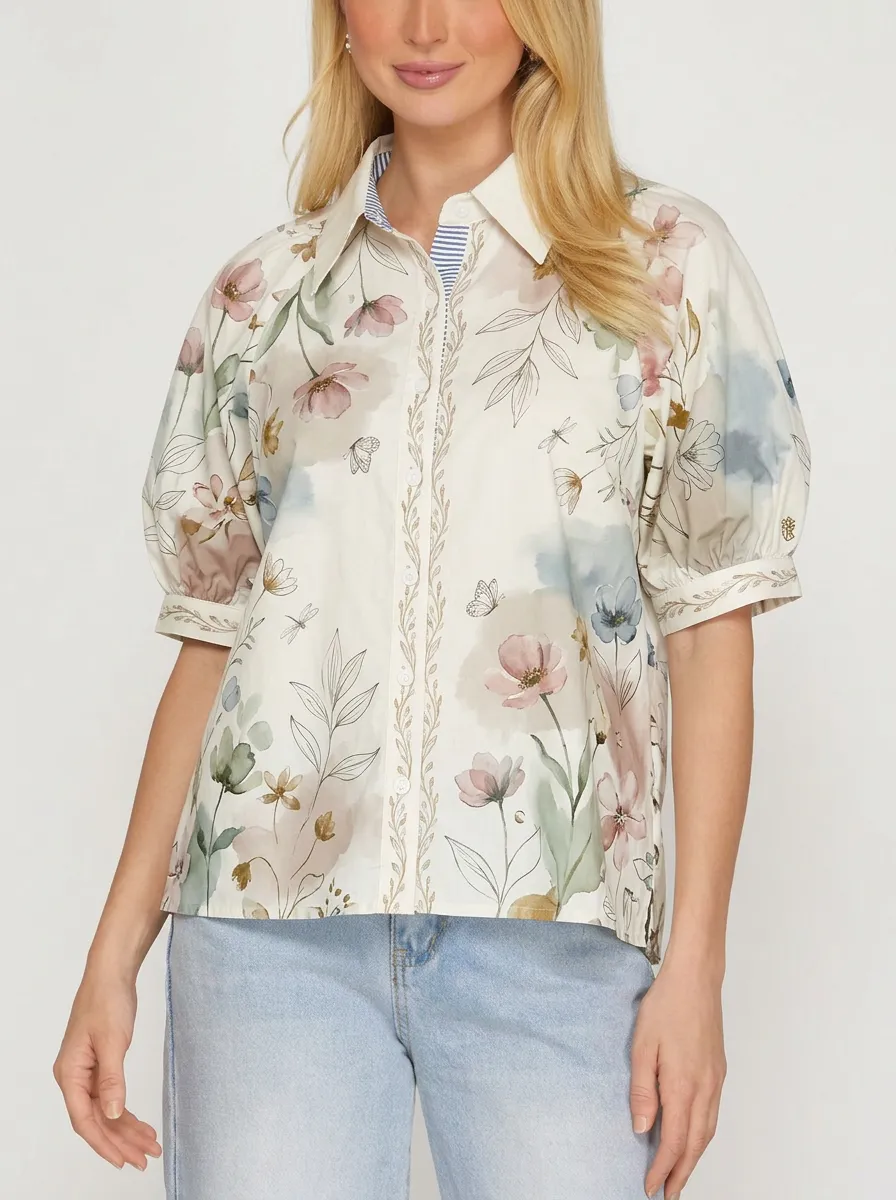 Women's Floral Botanical Butterfly Printed Puff Sleeve Shirt