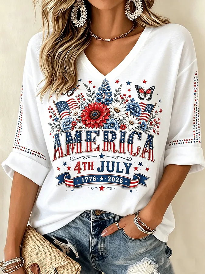 Women'S Patriotic Retro Print Comfortable V-Neck T-Shirt