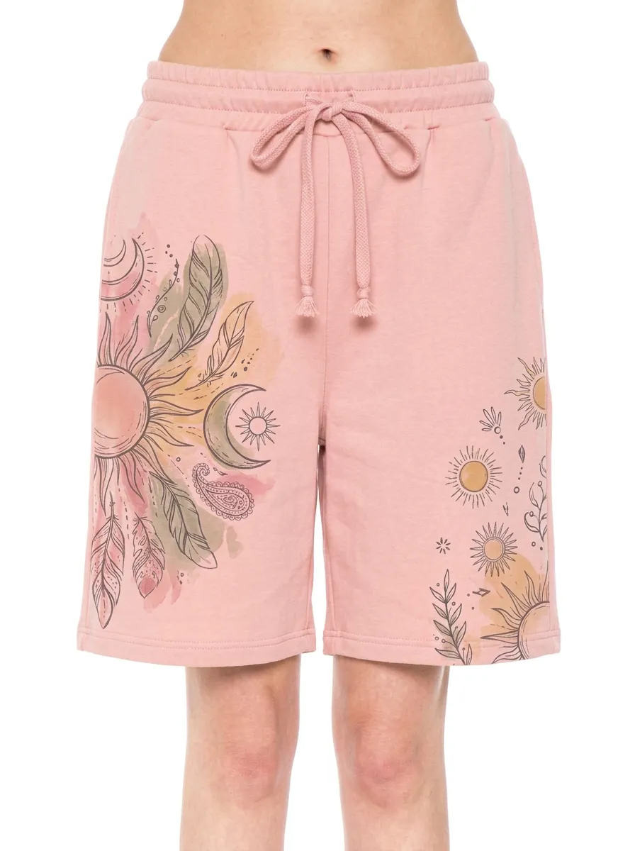 Women's Boho Celestial Sun Moon Feather Printed Shorts