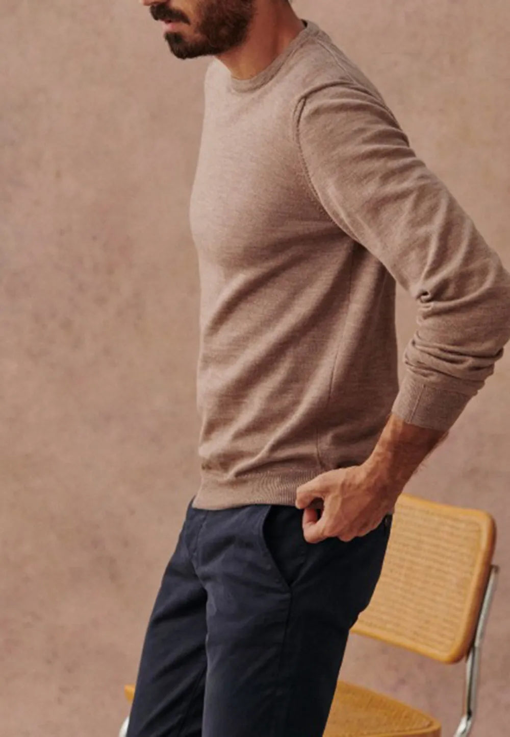 Beige Solid Knit Crew Neck Sweater