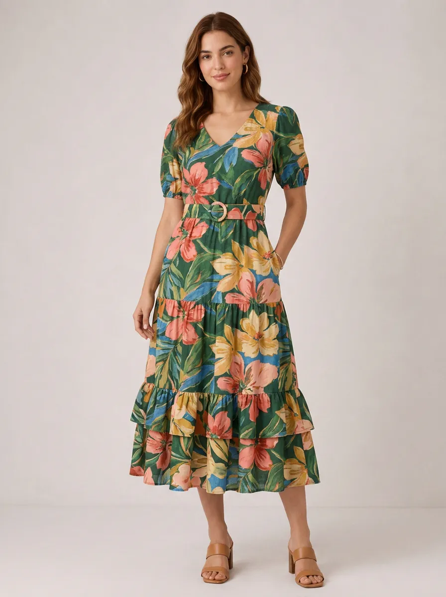 Women's Tropical Floral V-Neck Belted Printed Midi Dress