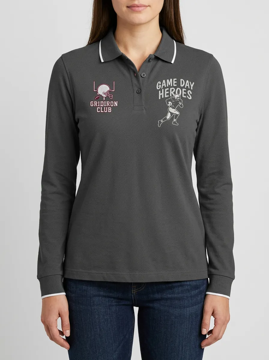 Women's Football Fan Gridiron Club Game Day Heroes Graphic Long Sleeve Polo Shirt