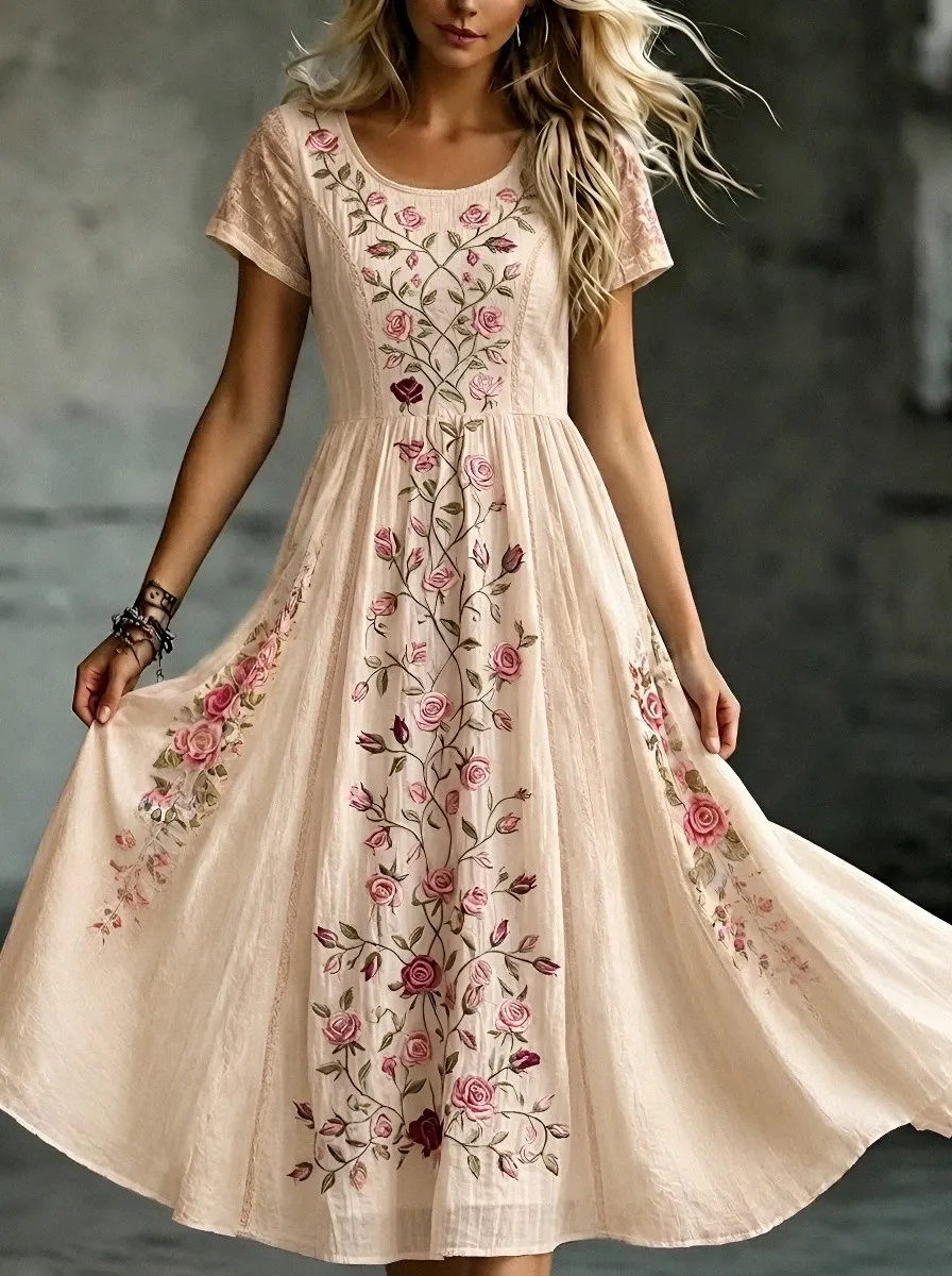 Women's Breast Cancer Awareness Rose Floral Embroidered Printed Dress