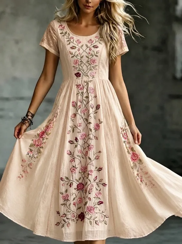 Women's Breast Cancer Awareness Rose Floral Embroidered Printed Dress