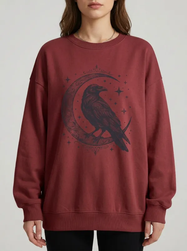 Women's Halloween Gothic Raven Moon Stars Printed Sweatshirt