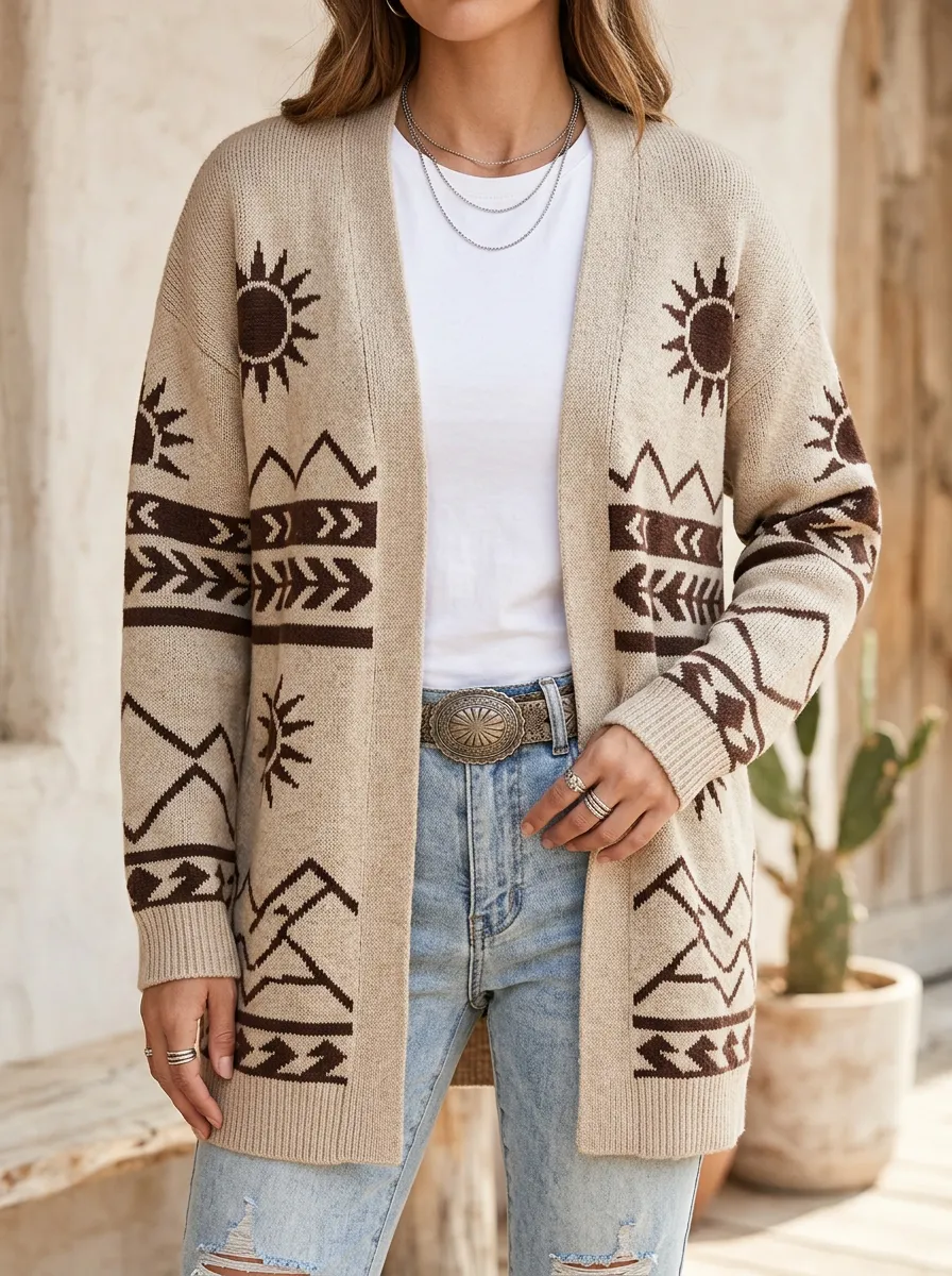 Women's Western Boho Sun Mountain Pattern Printed Cardigan