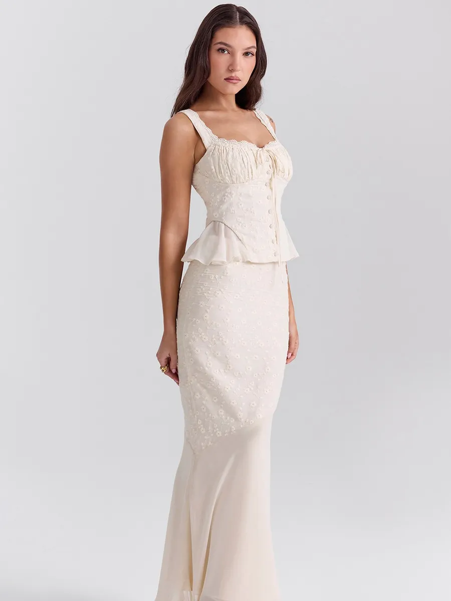 Ophelia Vintage Cream Cotton Maxi Skirt Set