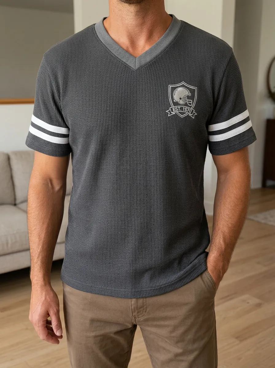 Men's Football Fan EST 1970 Helmet Shield Printed Waffle V-Neck Top