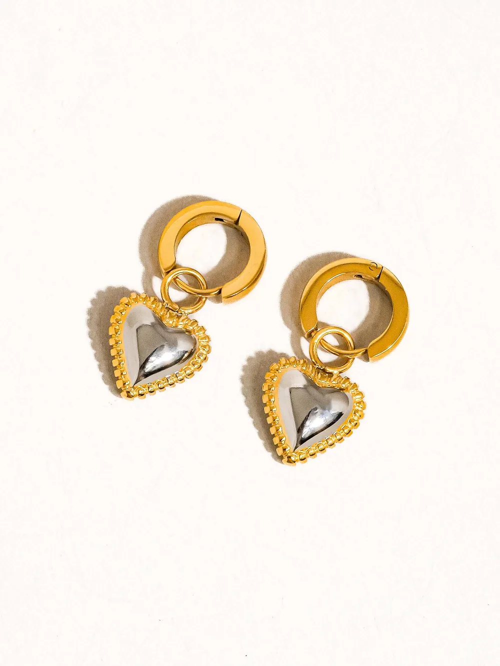 Mixed Metal Heart Huggie Earrings