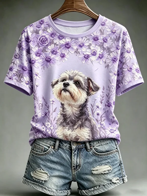 Women's Oil Painting Animal Dog Printed Vintage Fashion Loose Short Sleeve T-Shirt