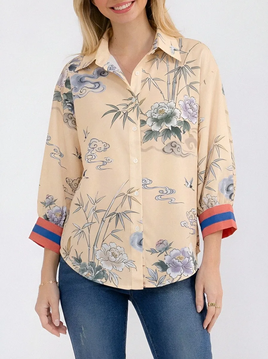 Women's Oriental Floral Bamboo Cloud Printed Button-up Shirt