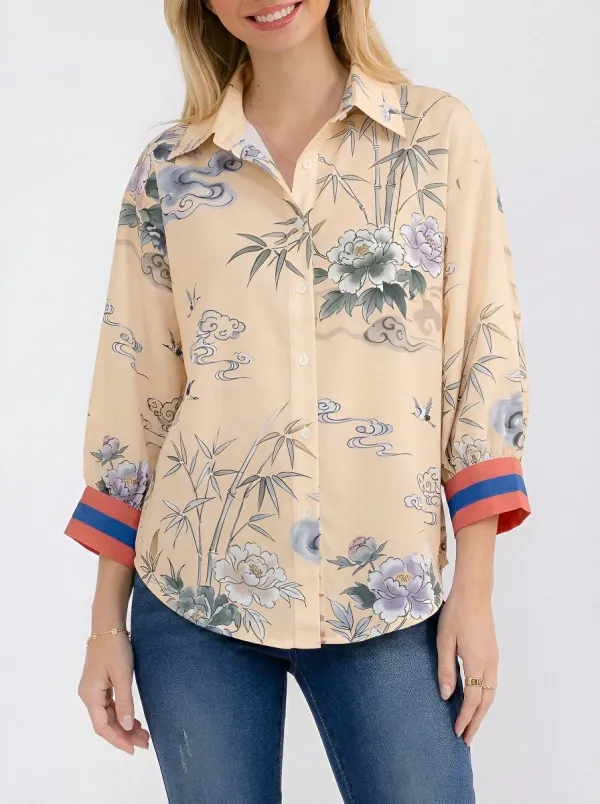 Women's Oriental Floral Bamboo Cloud Printed Button-up Shirt