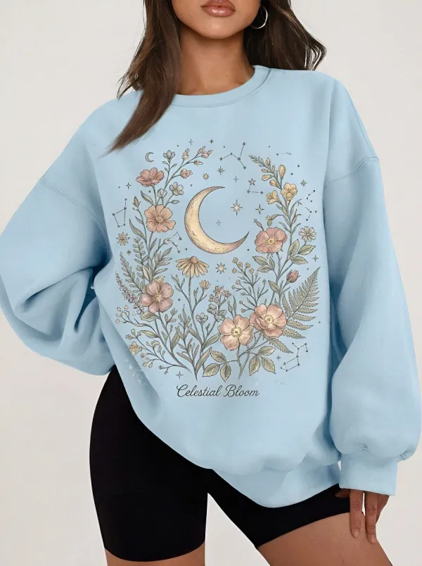 Women's Celestial Moon Floral Botanical Printed Sweatshirt