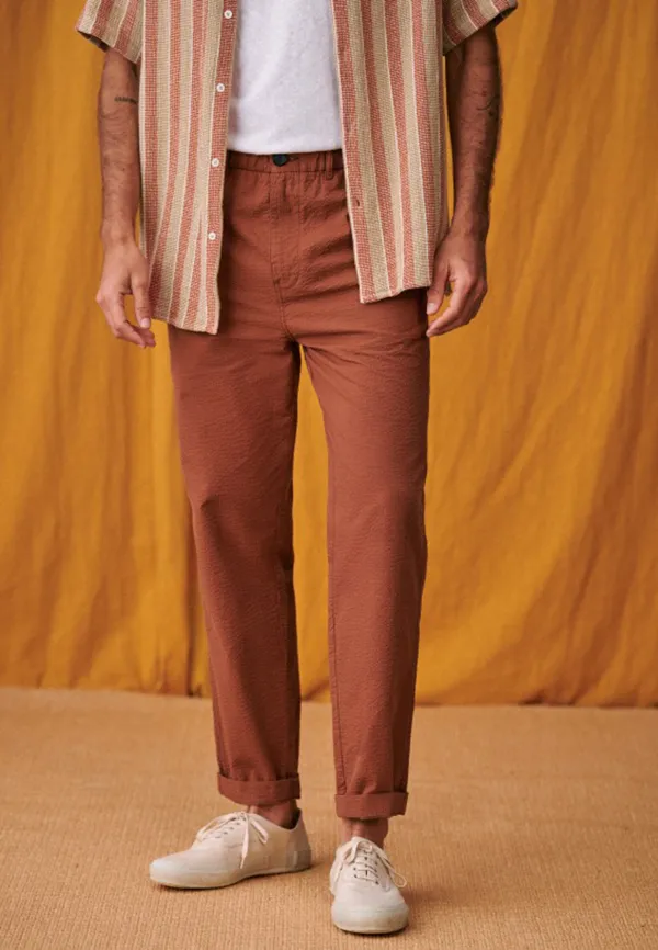 Rust Brown Seersucker Drawstring Waist Trousers